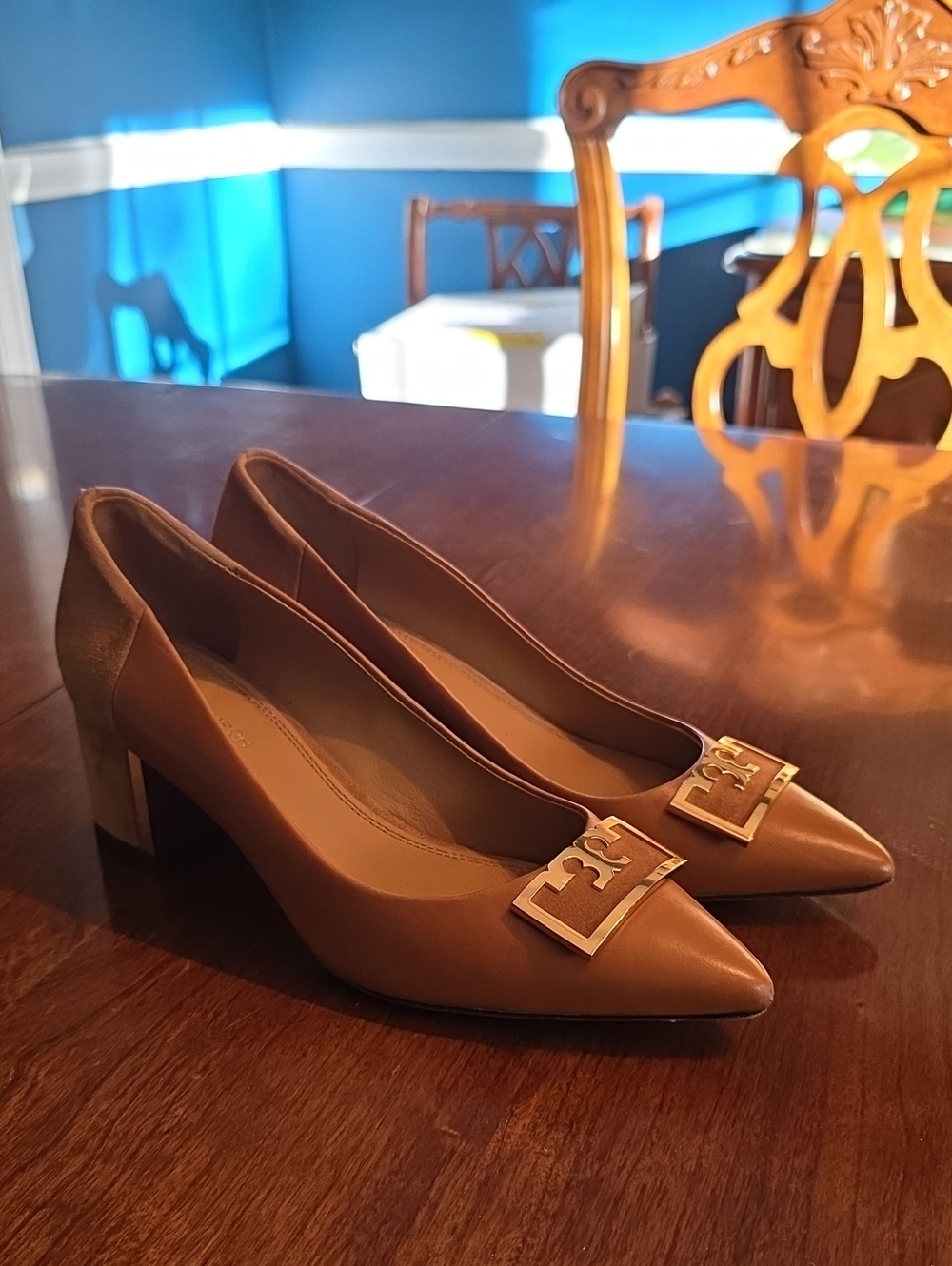 Tory Burch Women's Cognac Leather Pointed Block Heel Pumps with Gold Accent